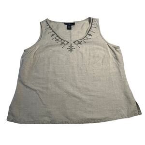 Venezia V-Neck Sleeveless Blouse Size 14/16 Cotton Linen Blend Floral Embroidery